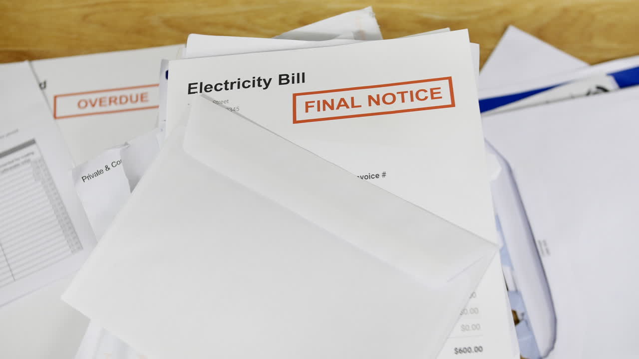 전기 요금 최종 통지와 함께 청구서 및 편지 더미를 닫습니다.