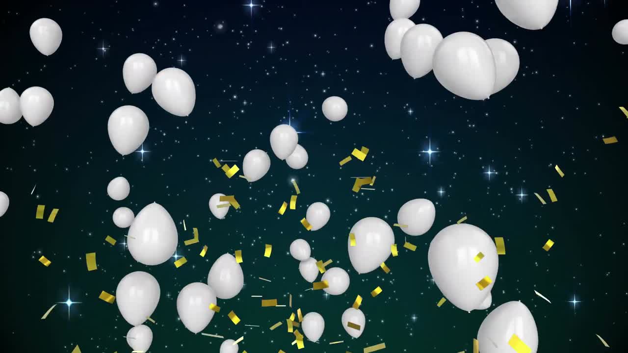 animación de confeti cayendo y globos blancos volando sobre un fondo negro