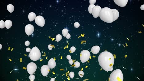 animation of confetti falling and white balloons flying on black background