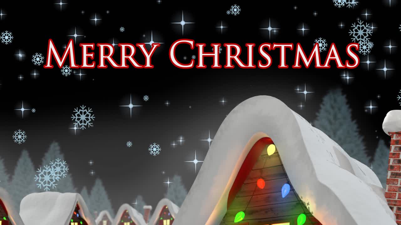 눈이 내리고 겨울 풍경 위에 메리 크리스마스 텍스트의 애니메이션