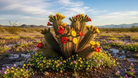 a vibrant display of nature: a colorful cactus surrounded by blossoming wildflowers under a bright sky in a desert landscape