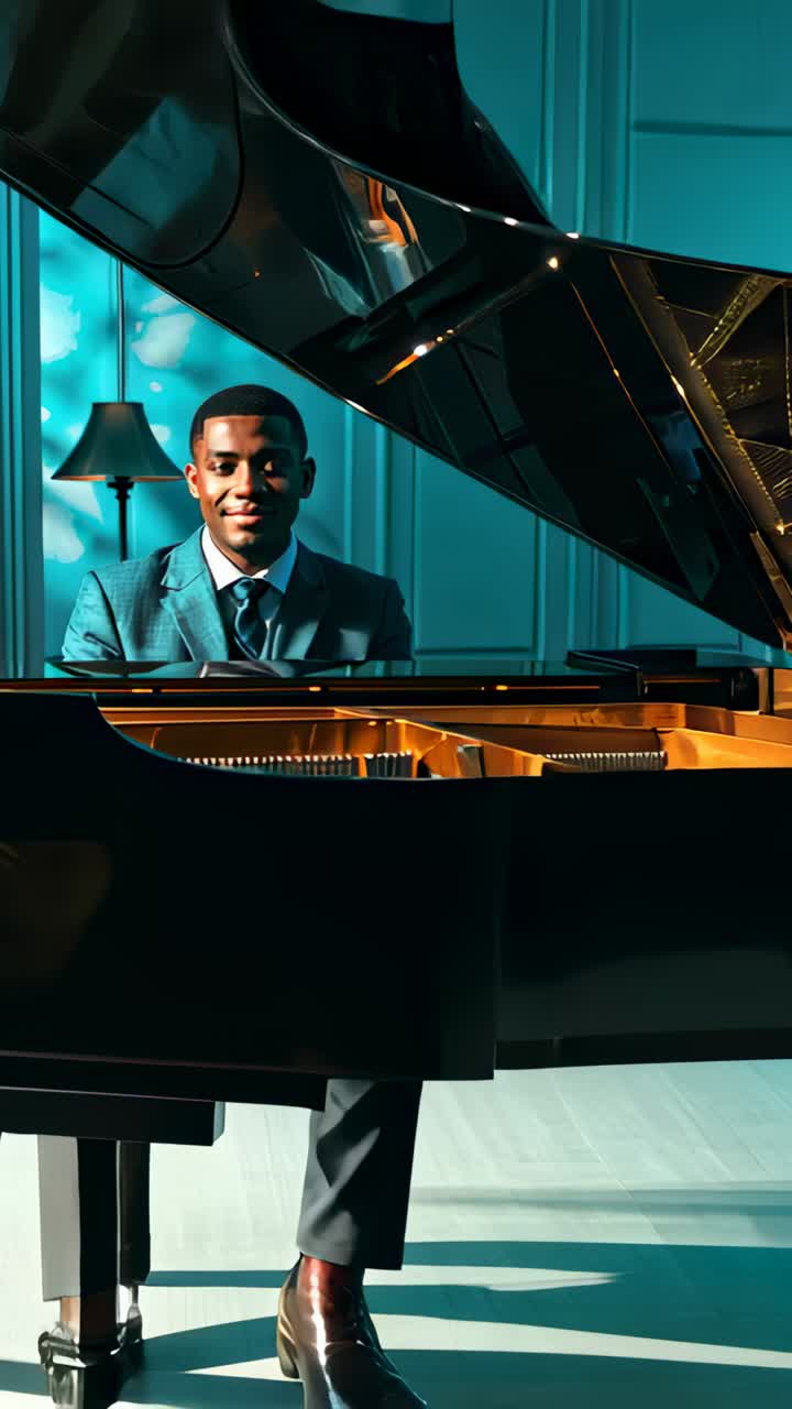 Video verticale: la telecamera si avvicina a un pianista in giacca che sorride e sposta lo sguardo sulle corde del pianoforte in una stanza