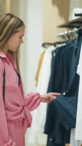 una mujer blanca con una camiseta rosa y pantalones cortos, llevando una bolsa negra, observa una prenda azul en un estante en una tienda de ropa, la ropa bien plegada es visible en una mesa cercana, con un fondo bien iluminado