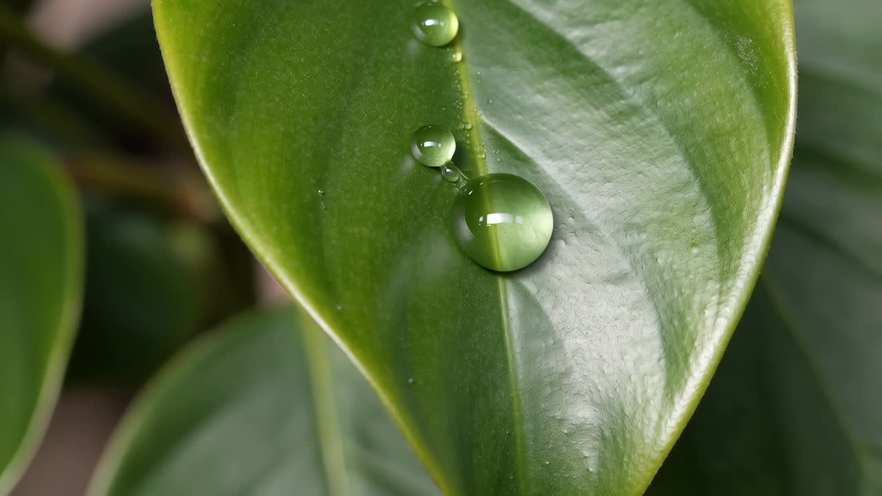 Close-up of Water Droplets on a Vibrant Green Leaf