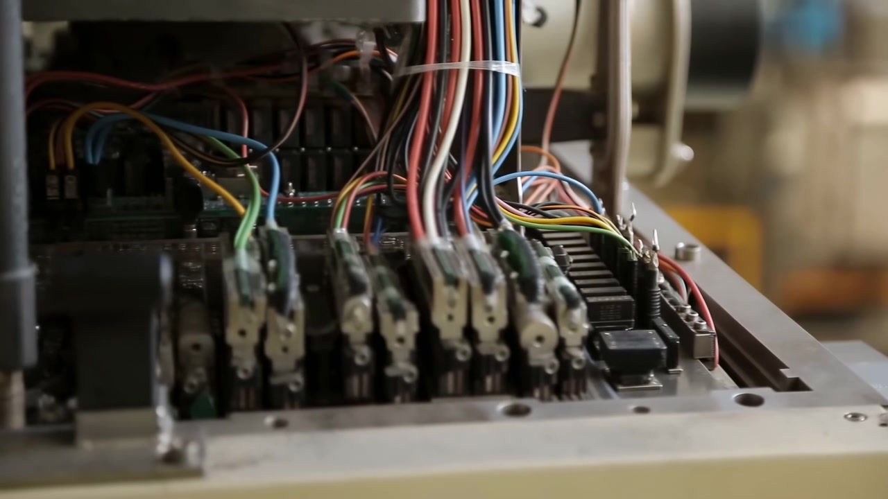 Closeup Wiring Inside Control Panel Showing Multicolor Cables, Connectors And Circuit Modules On Industrial