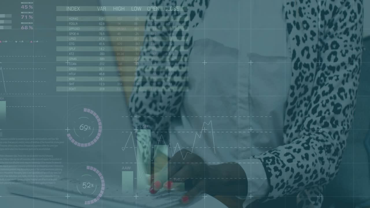 Business analyst typing on laptop and activating floating finance charts for market data analysis