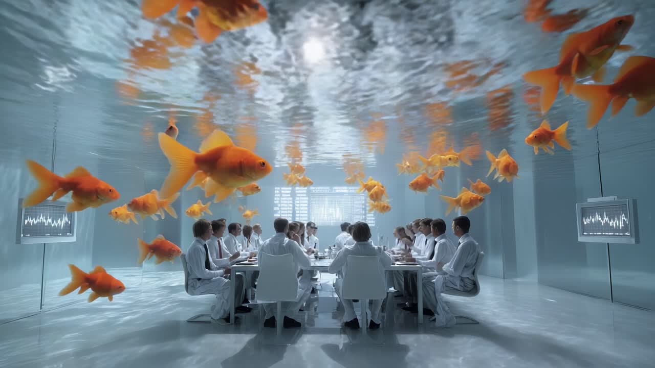 Une salle de conférence surréaliste sous l’eau : un rassemblement unique d’experts entourés de poissons rouges gracieux dans un espace transparent participant à des discussions et des analyses approfondies