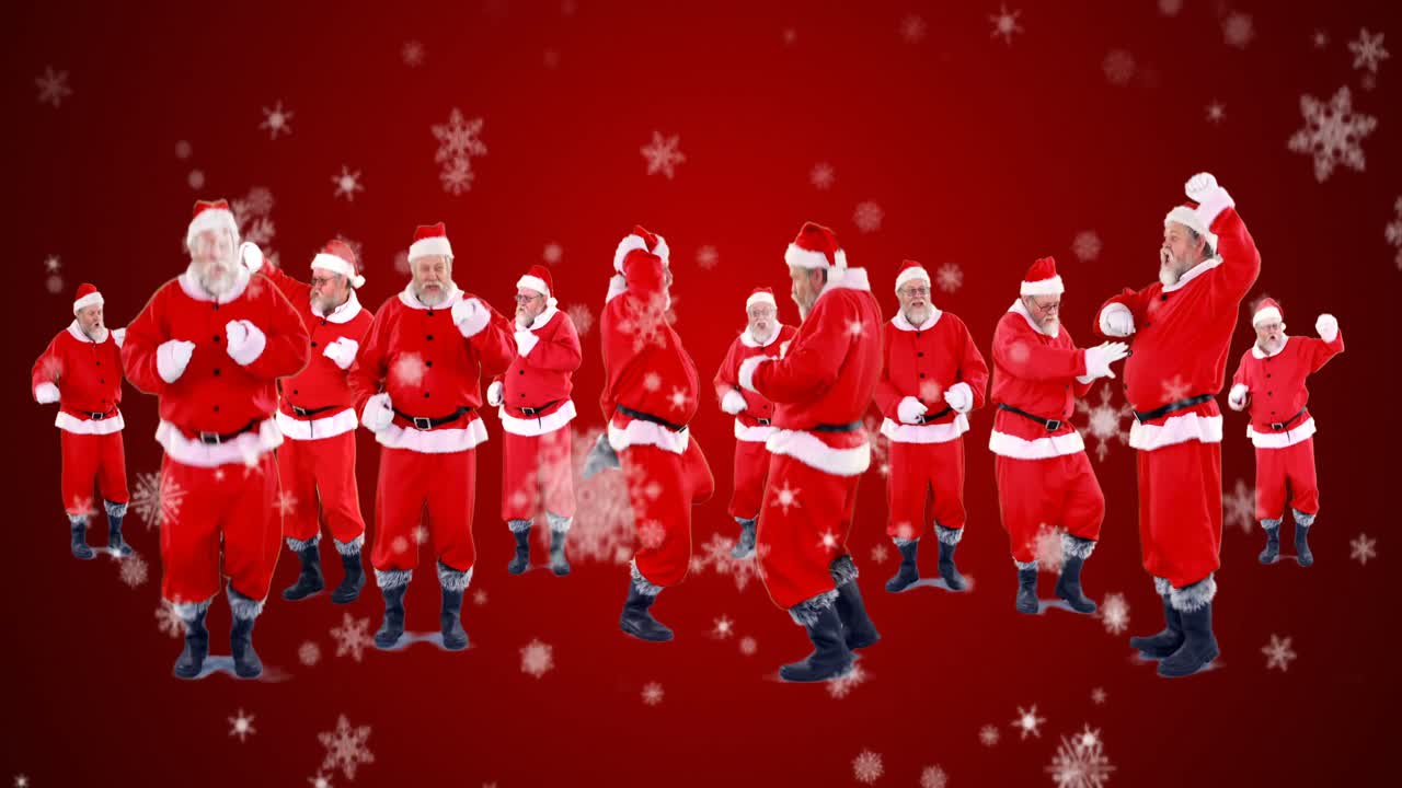 산타클로스의 그룹이 눈  ⁇ 인 풍경에서 춤추고 있습니다.