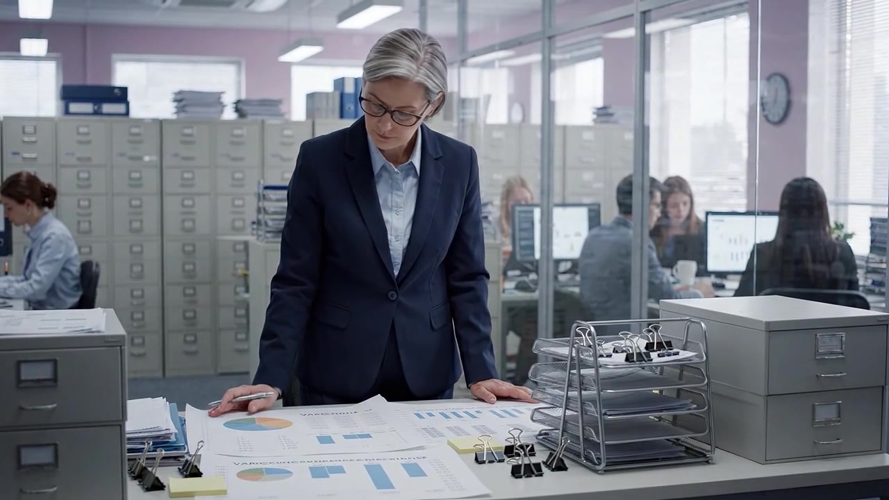 En fokusert fagperson analyserer data i et kontormiljø omgitt av kolleger, som fremhever teamarbeid, effektivitet og oppmerksomhet på detaljer i bedriftsmiljøer.