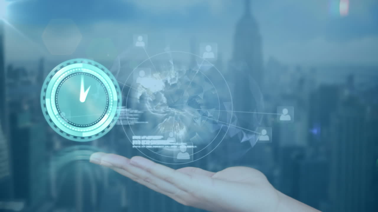 지구 손과 도시 풍경에 대한 연결 네트워크와 함께 시계의 애니메이션