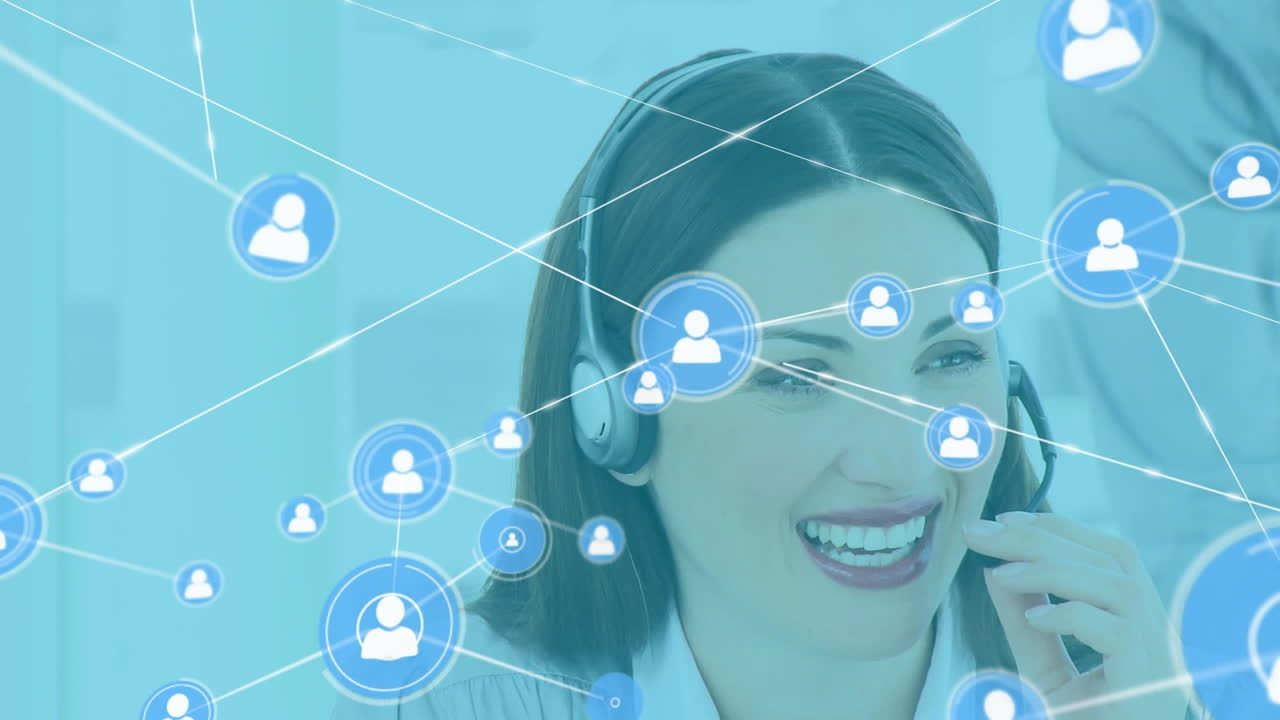 animación de la red de conexiones con iconos sobre mujer de negocios biracial usando auriculares de teléfono.