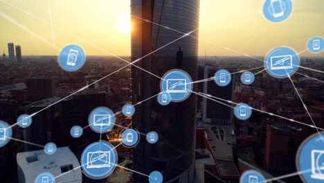 animation of network of digital icons against aerial view of cityscape