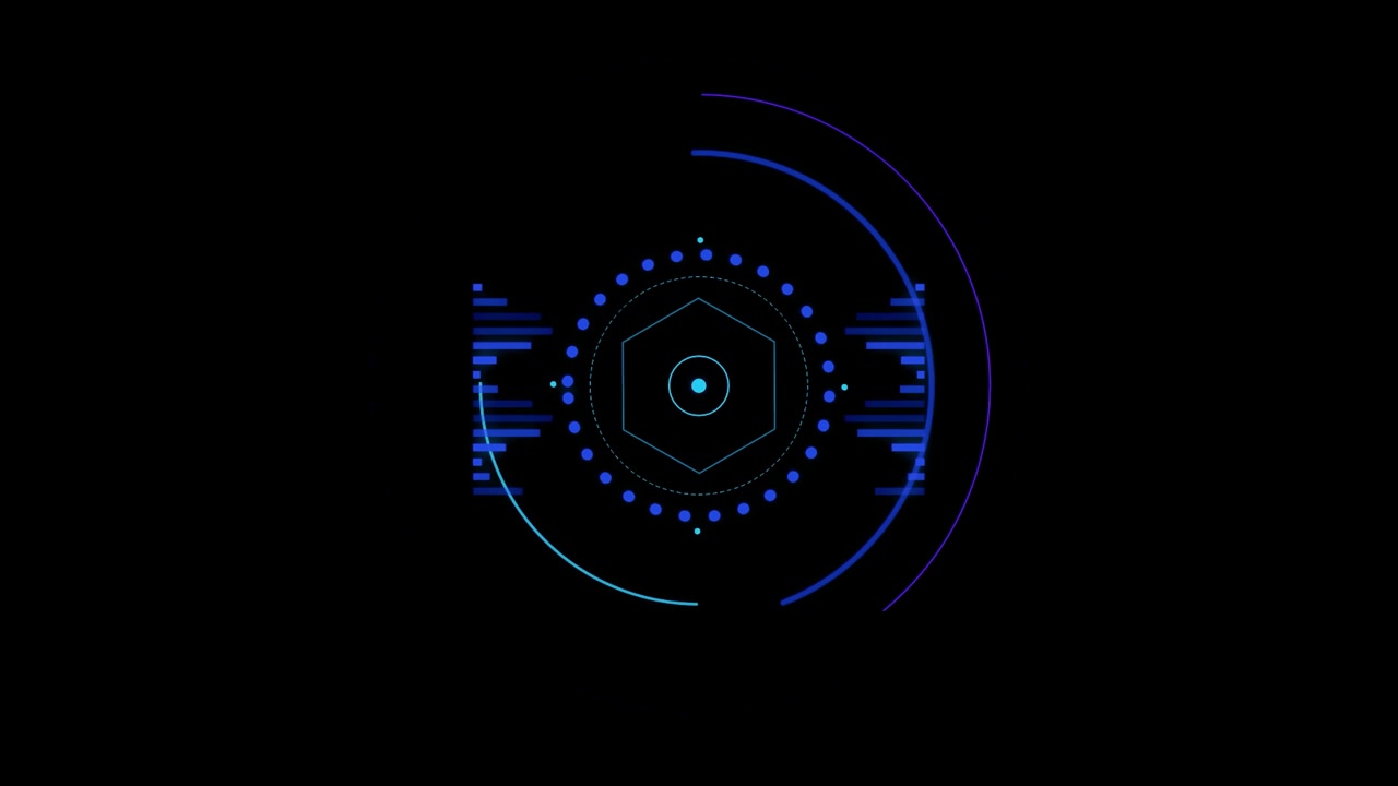 Blue Digital HUD Interface With Rotating Hexagon and Data Bars