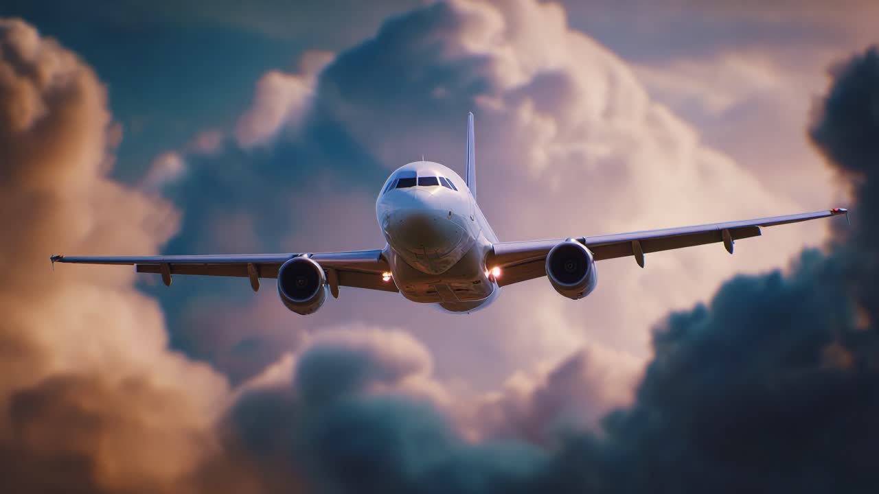 Manovra aerea dinamica di un aereo moderno che vola attraverso drammatiche nuvole temporalesche, mettendo in mostra un'impressionante tecnologia aeronautica ed effetti atmosferici cinematografici