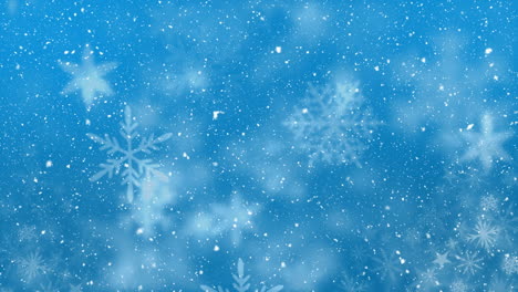 animation of snow falling over snowflakes and stars on blue background