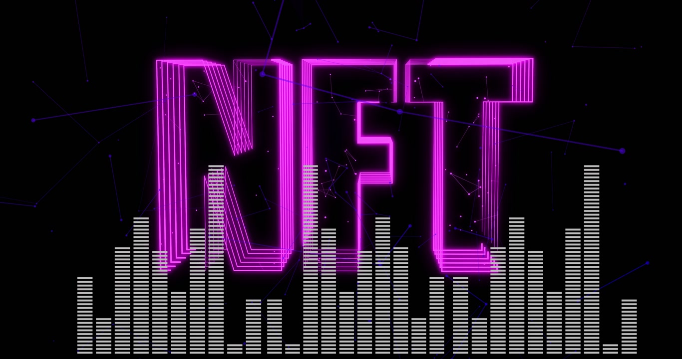 Magenta NFT letters forming and pulsing above equalizer bars, triggered by beat to showcase neon 3D