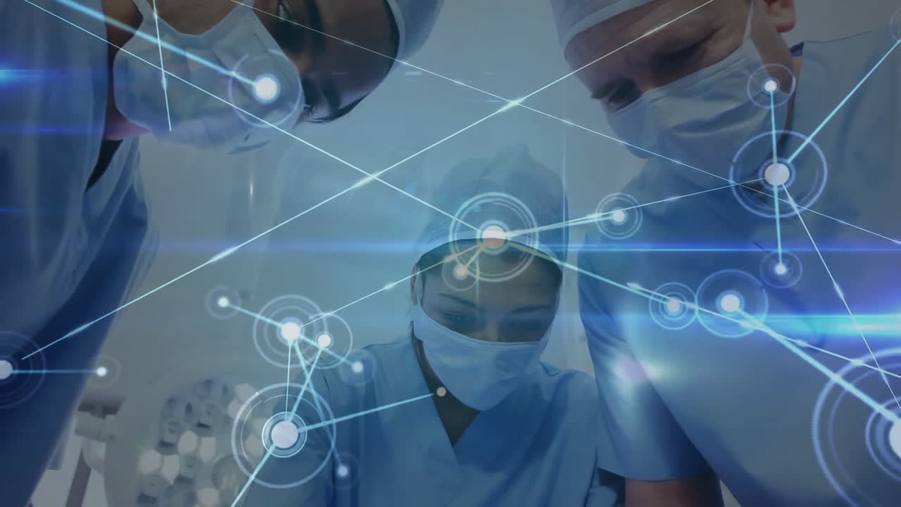 수술 중에 다양한 외과 의사에 대한 스을 가진 연결 네트워크의 애니메이션