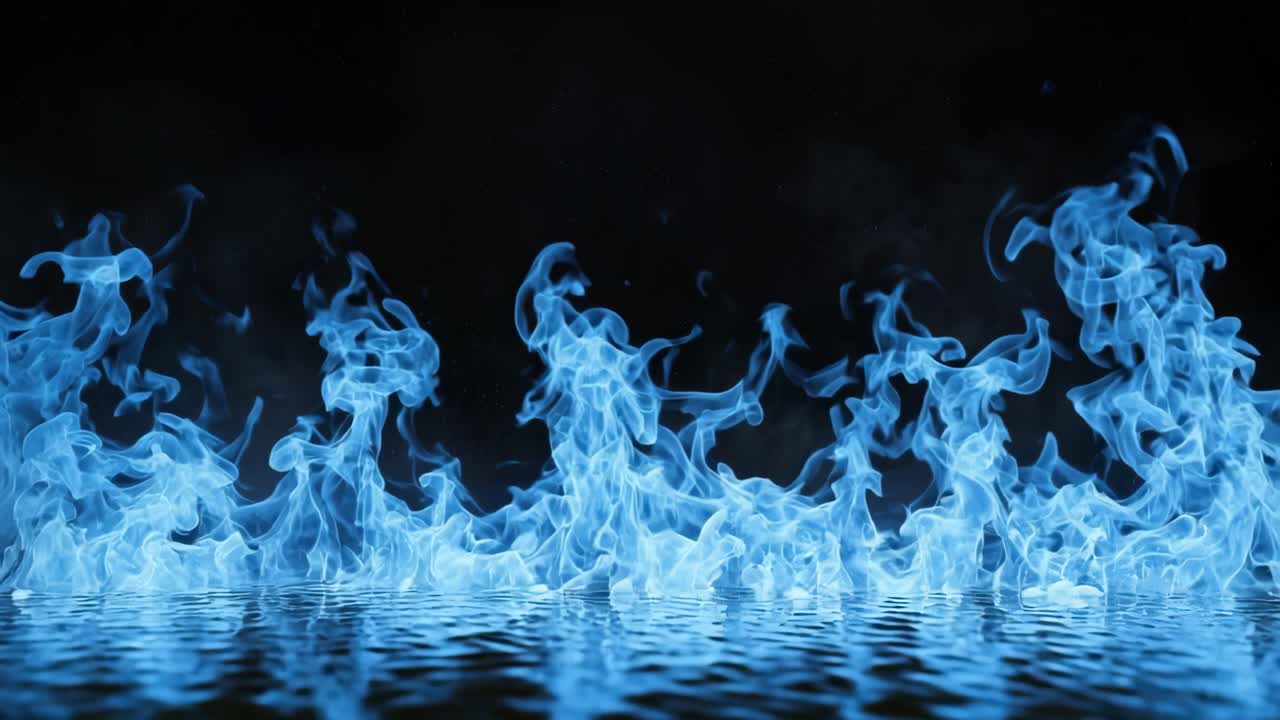 Concetto di video dinamico di fiamme blu che danzano sull'acqua