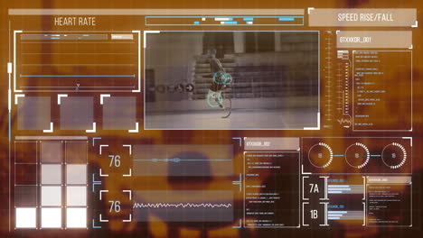 animation of data processing and disabled biracial male runner on digital screen