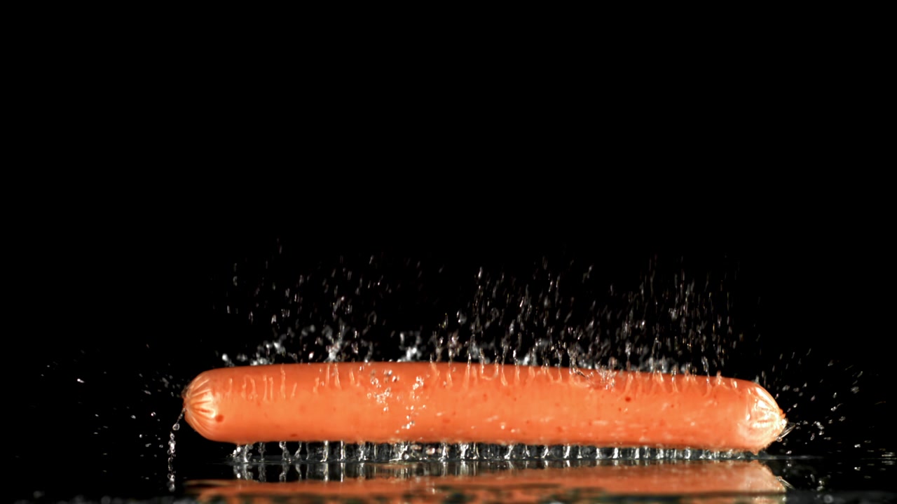 Hotdog falder ned i vand med plask i slowmotion