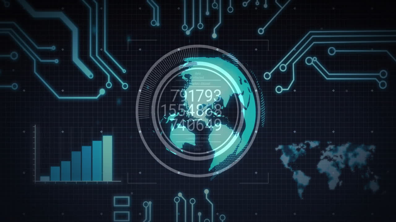Digital world map and data visualization animation over circuit board background