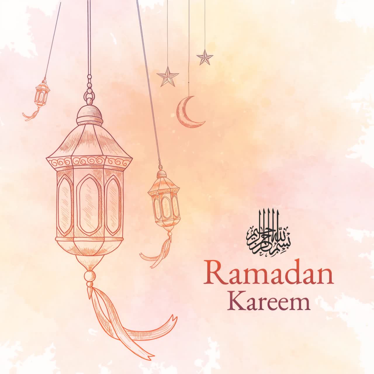 Auguri animati di Ramadan Kareem con lanterne disegnate a mano e calligrafia