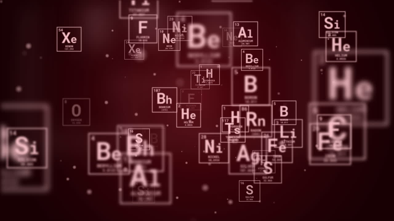 Red abstract background with animated icon periodic table of the chemical elements. Loop scientist animation.