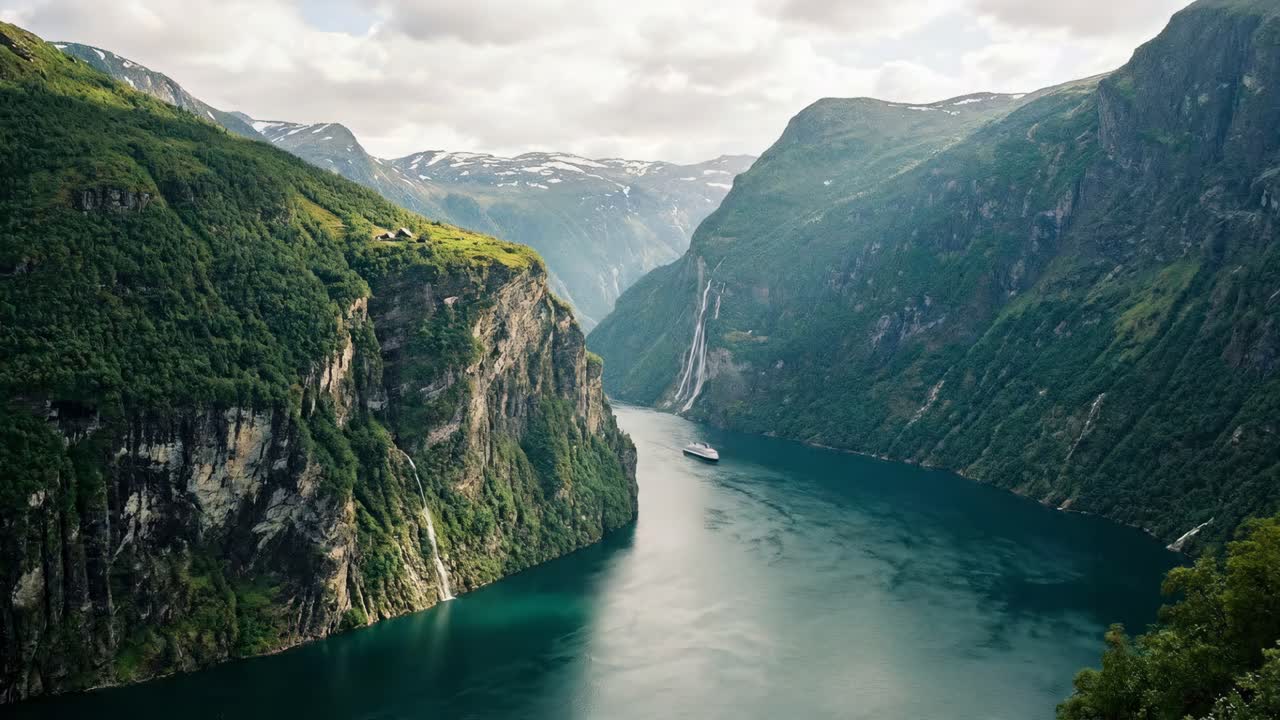 Ein Kreuzfahrtschiff fährt durch einen malerischen Fjord in Norwegen
