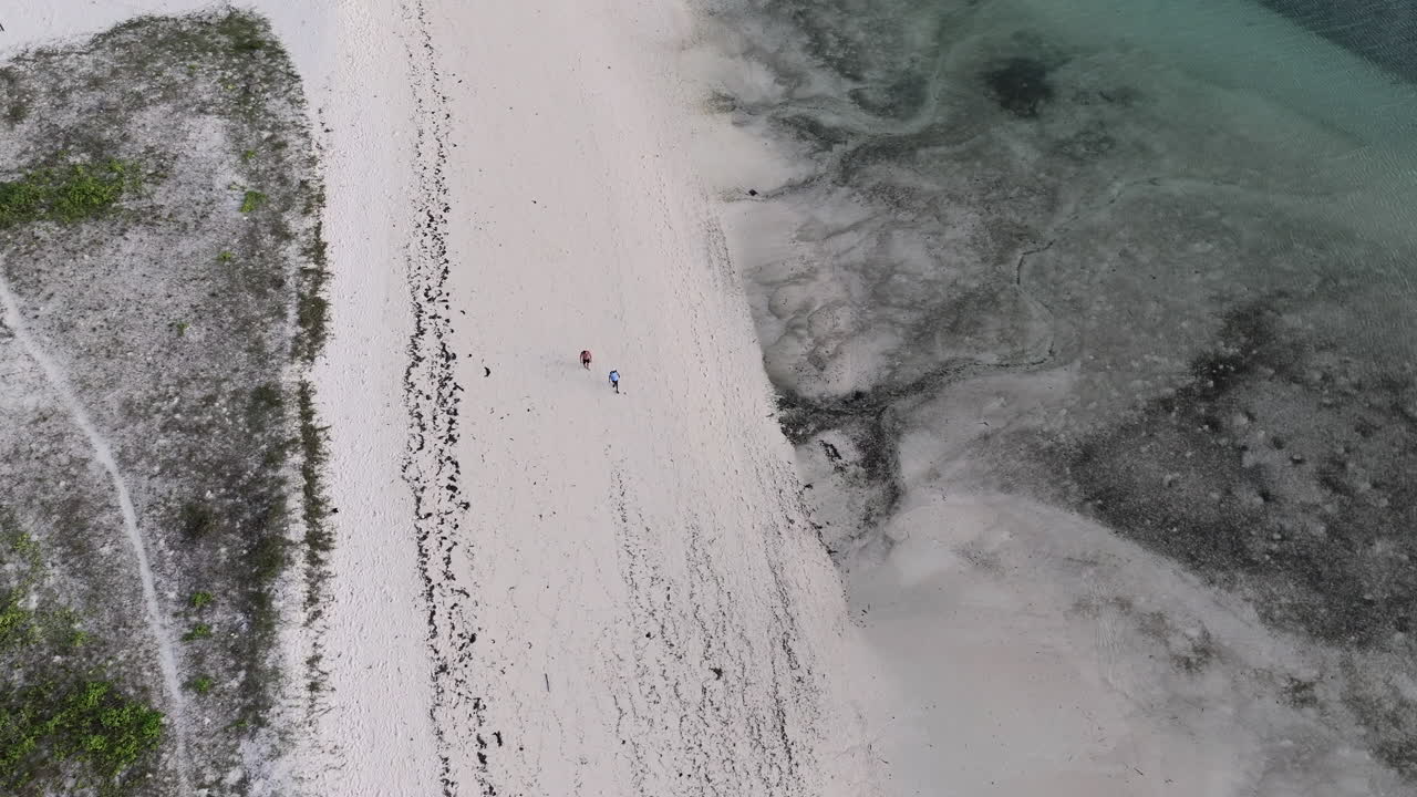 Birds view of two tourists walking on the sandy beach in Zanzibar during low tide