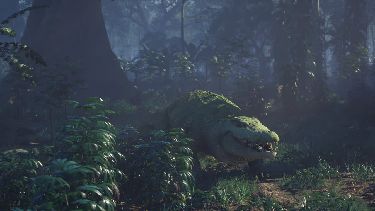 Crocodile lurking among lush foliage in a dense jungle environment