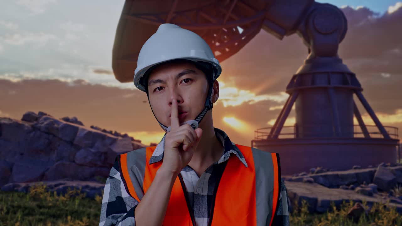 Close Up Of Asian Male Engineer With Safety Helmet Making Shh Gesture While Standing With Large Satellite Dish