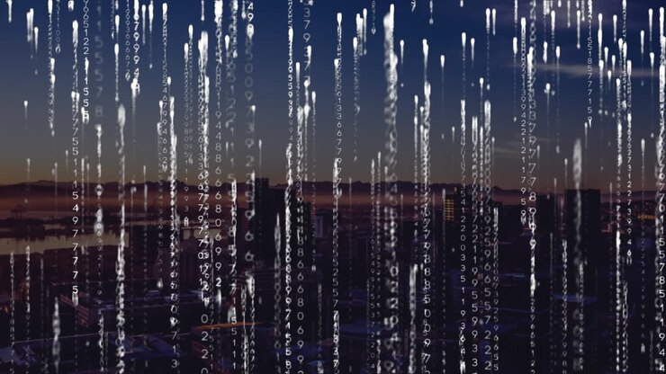 Animation of white falling multiple changing numbers over silhouette of modern city against sky