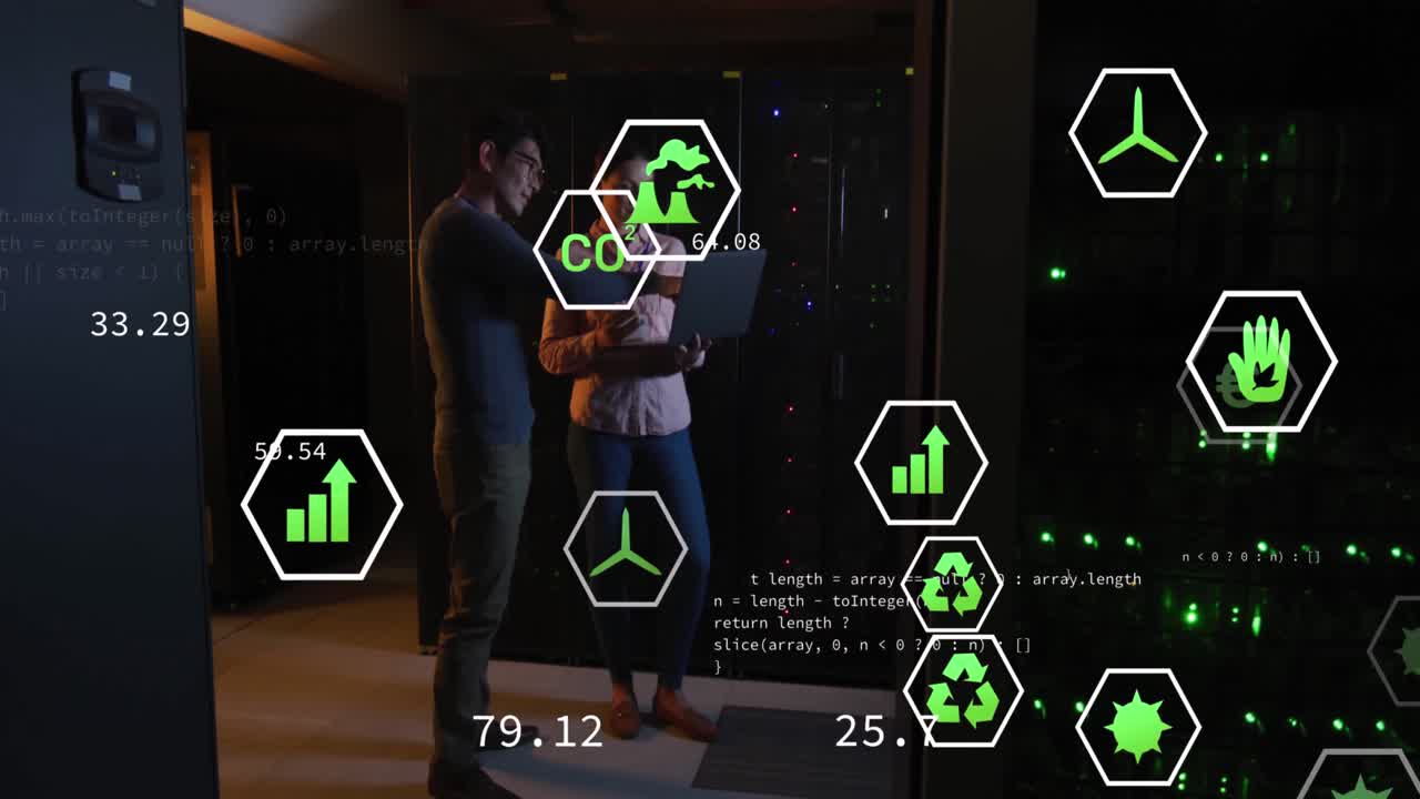 Animation of icons over diverse male and female it engineers with laptop by computer server