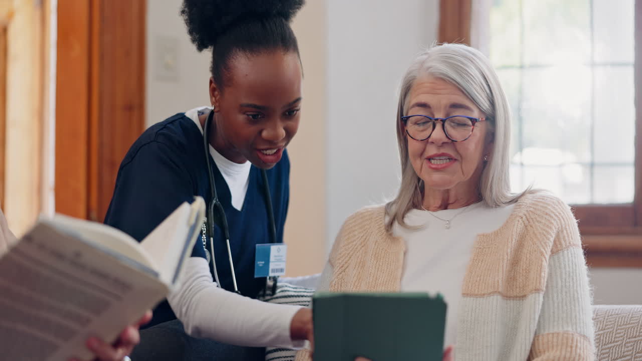 Senior, woman and caregiver with tablet