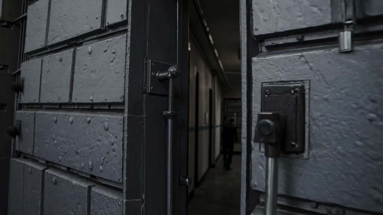 Dramatic video still of a prison exterior, captured from a low-angle, showcasing barred windows