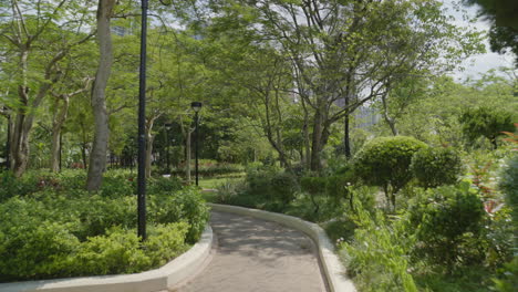 fast moving pov walking through park passing wooden benches and trash can