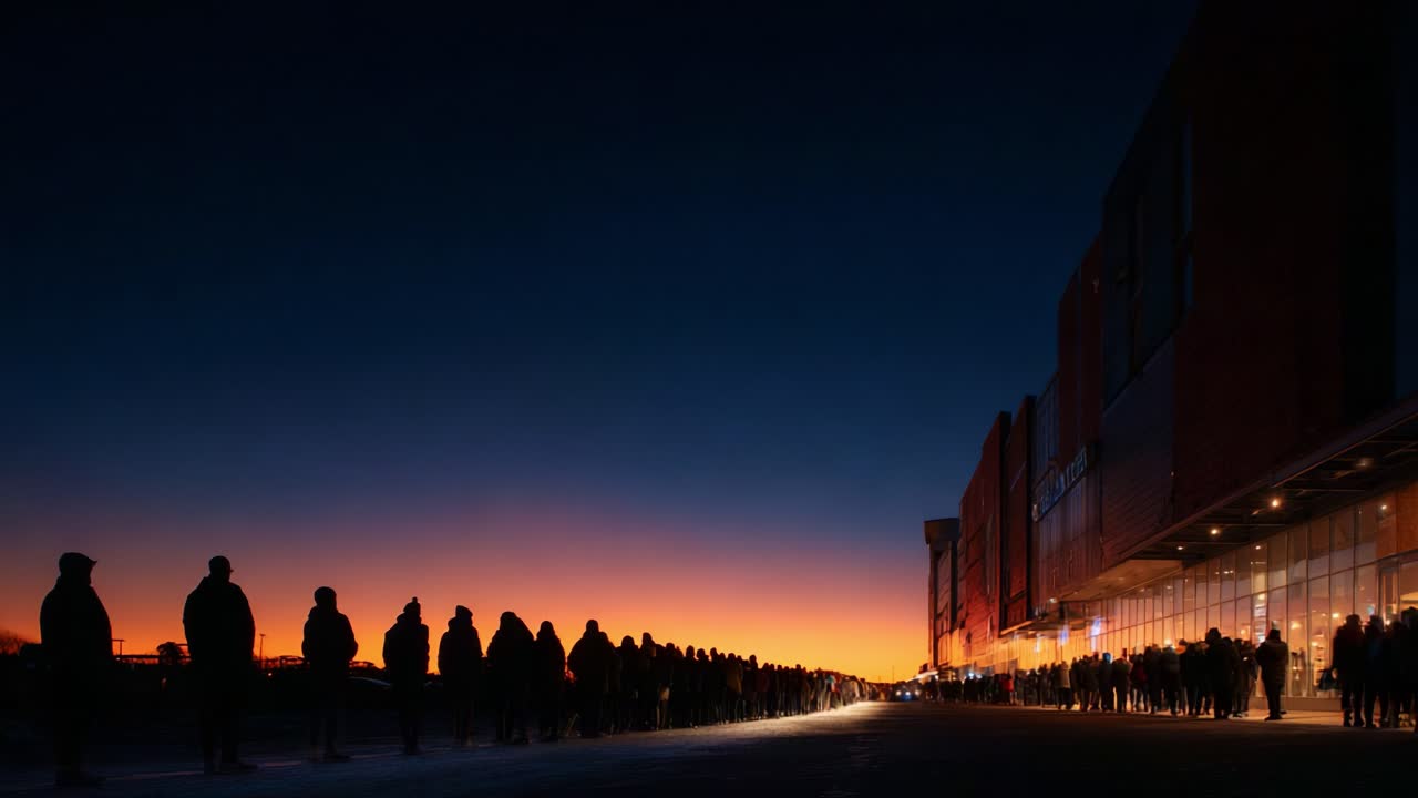 A Captivating Evening Scene of a Long Line of People Waiting Outside a Building as the Sun Sets, Highlighting the Transition from Daylight to Night in a Vivid Color Palette