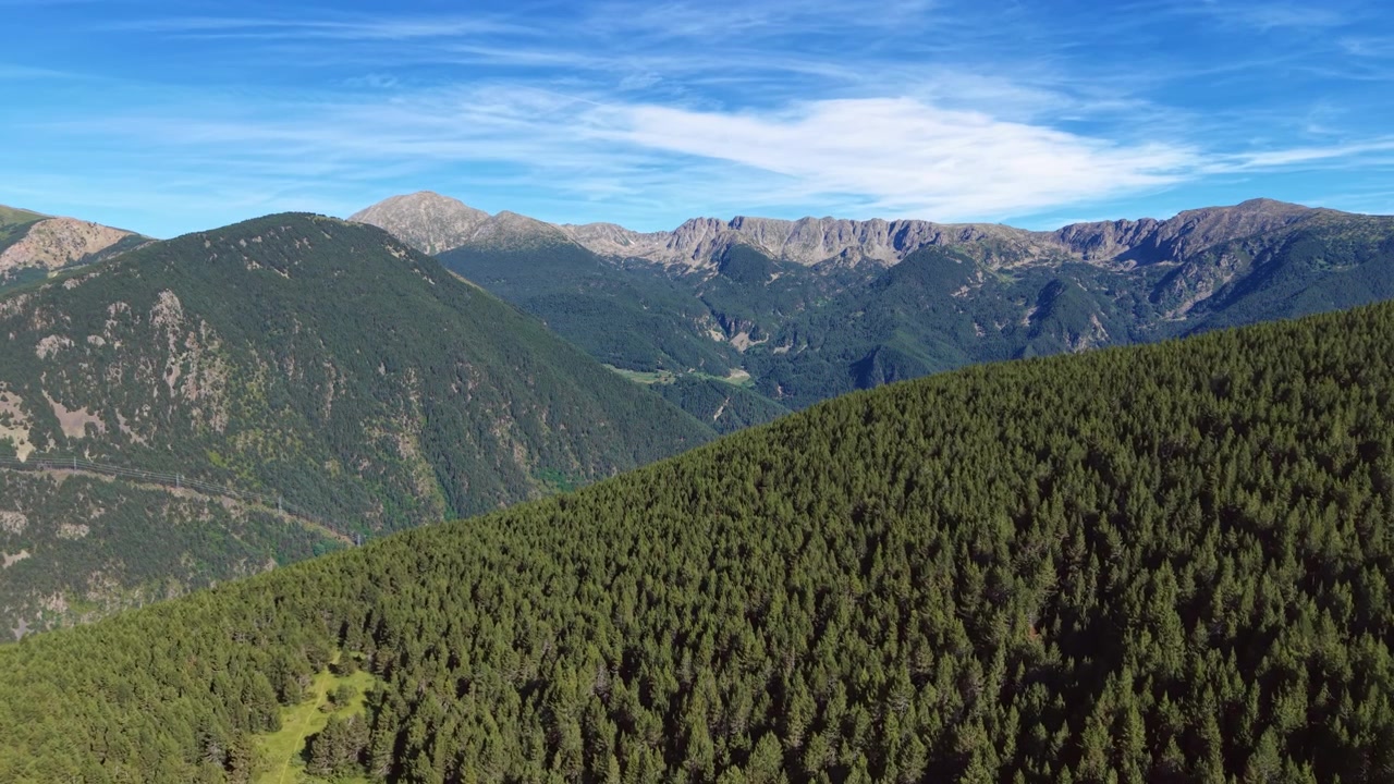 Pemandangan panorama Pegunungan Pyrenees Andorra yang tertutup hutan pinus lebat di bawah langit biru dengan awan tipis, menampakkan puncak berbatu yang terjal dan lembah yang dalam.