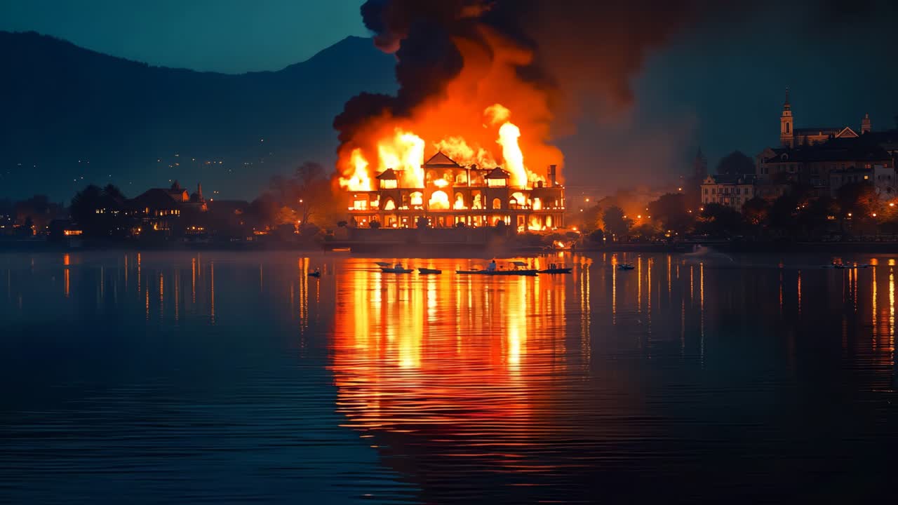 큰 불이 호수 한가운데에서 불타고 있다