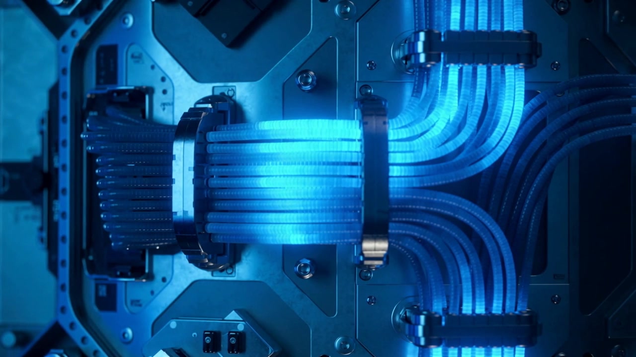 Pulsing blue LED moving illuminated braided cable bundle right inside chassis, revealing clamps