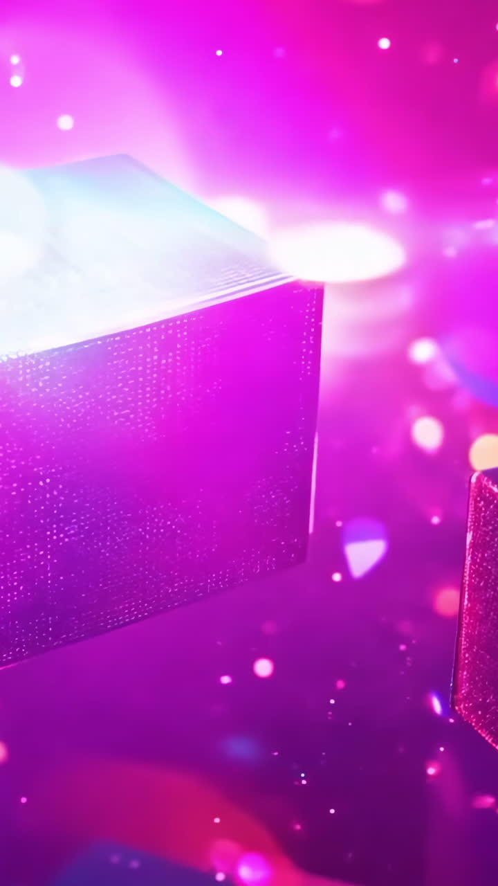 A blue and pink background with three cubes in the foreground. The cubes are lit up and appear to be floating in space. Scene is futuristic and otherworldly