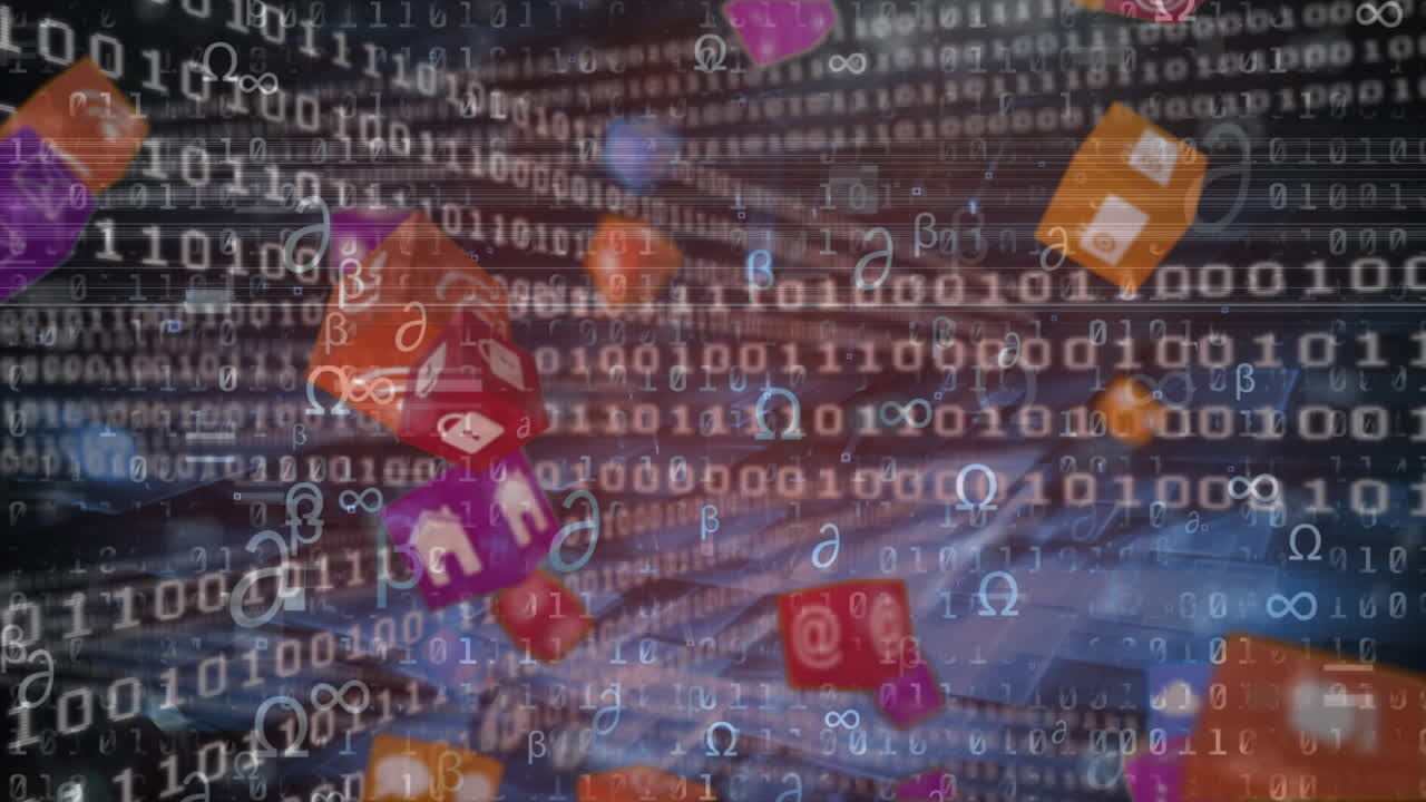 Animation of data processing and media icons on black background