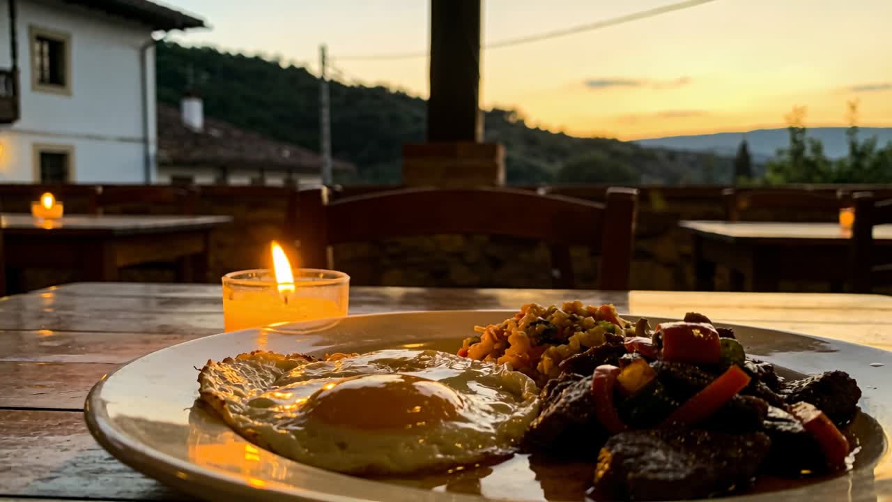 Vertikales Video: Sonne versinkt, beleuchtet eine weiße Platte auf einer überdachten Terrasse, Kerze flackert nahe Eigelb.