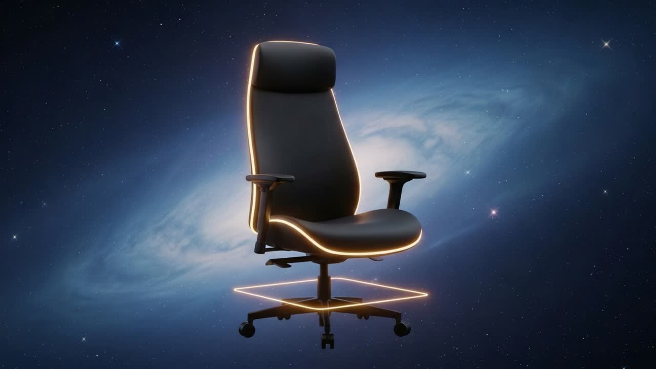 En futuristisk kontorstol forstyrrer den kosmiske bakgrunnen, og blander avansert design med mystikken i verdensrommet i en fantastisk visuell utforskning