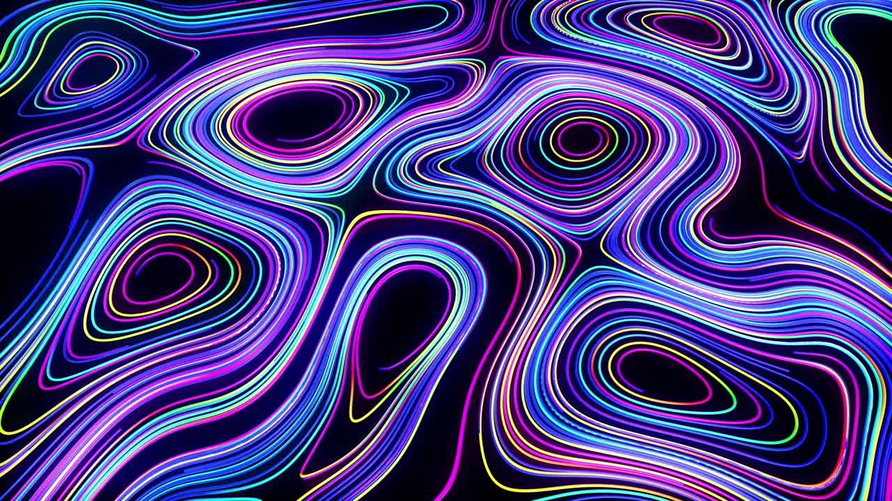 Fundo abstrato 4K com linhas ou fios em movimento formando ruído de ondulação em um plano. Conceito de rede neural de computação abstrata ou IA. Linhas curvas multicoloridas em um plano. Luma matte como canal alfa.