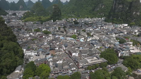 aerial view circling the yangshou village, sunny, summer day in guangxi, china