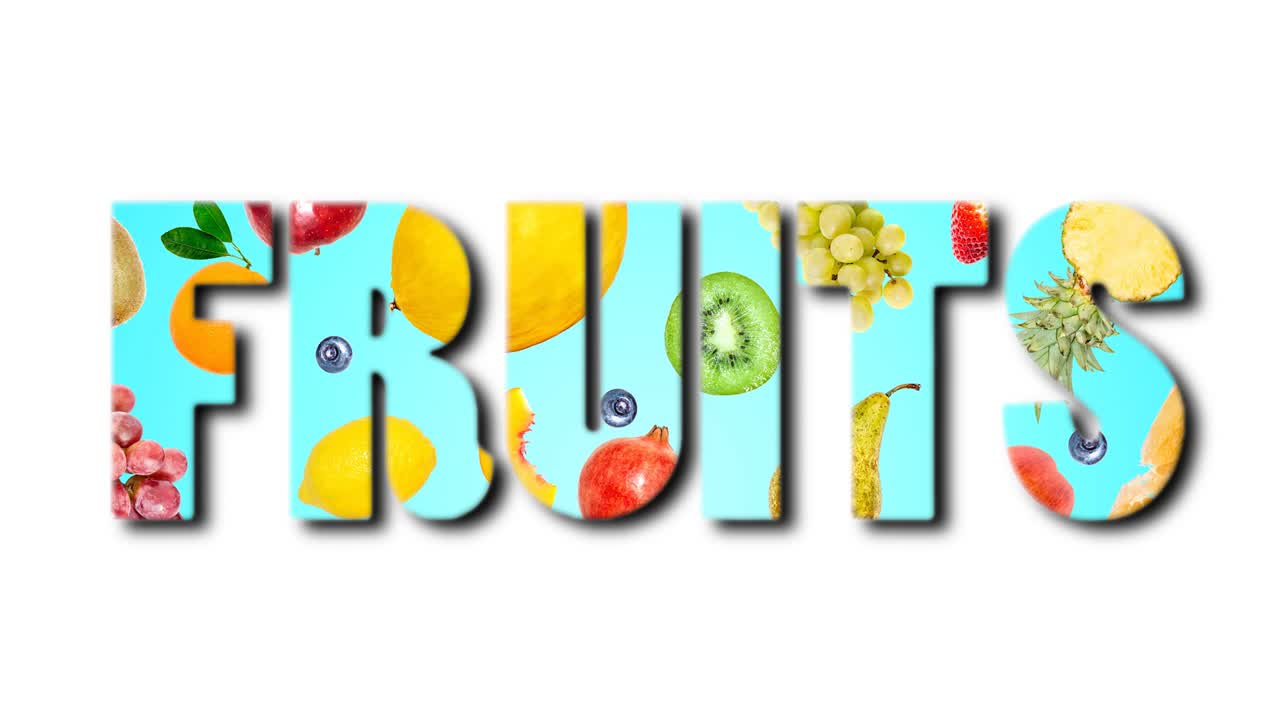 varias frutas que aparecen y desaparecen en un fondo azul en forma de la palabra fruta, aisladas en blanco. creativa divertida colorida animación de bucle 4k. plantilla para un estandarte.