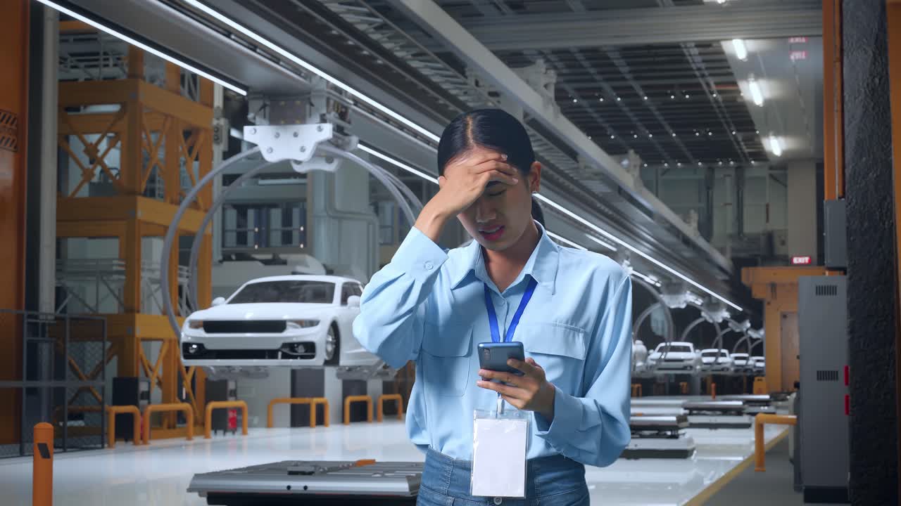 아시아 여성 직업 노동자가 ev 자동차 공장, 하이테크 산업 시설에서 스마트폰을 들고 서서 실망스럽게 머리를 흔들고 있습니다.
