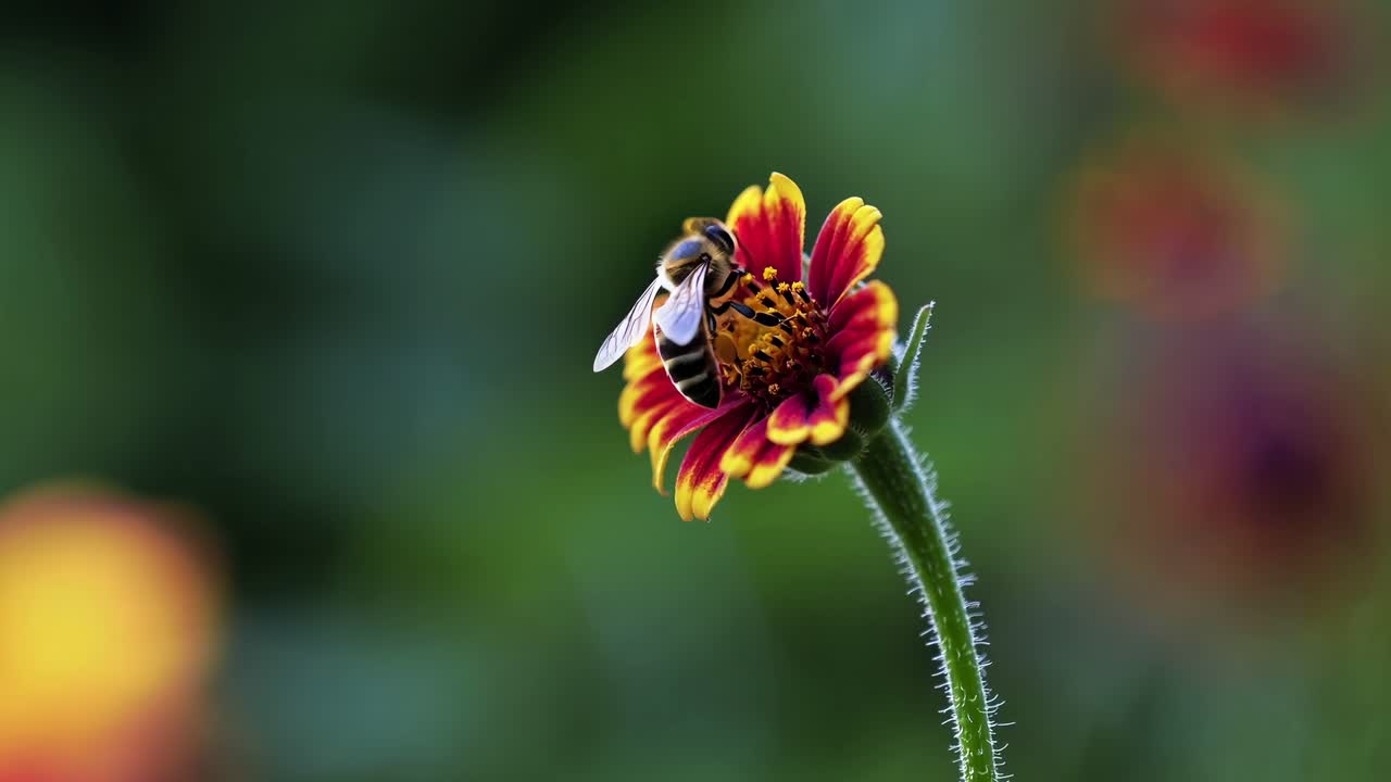 Close-up video shot of a bee on a vibrant flower, captured with a shallow depth of field