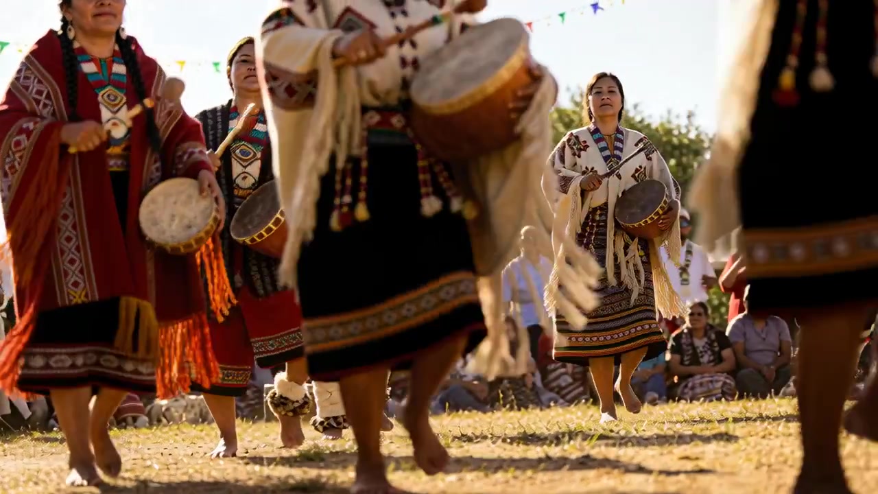 Con l'inizio del ritmo dei tamburi, donne indigene danzano e battono i tamburi, con scialli frangiati che ondeggiano a un festival.